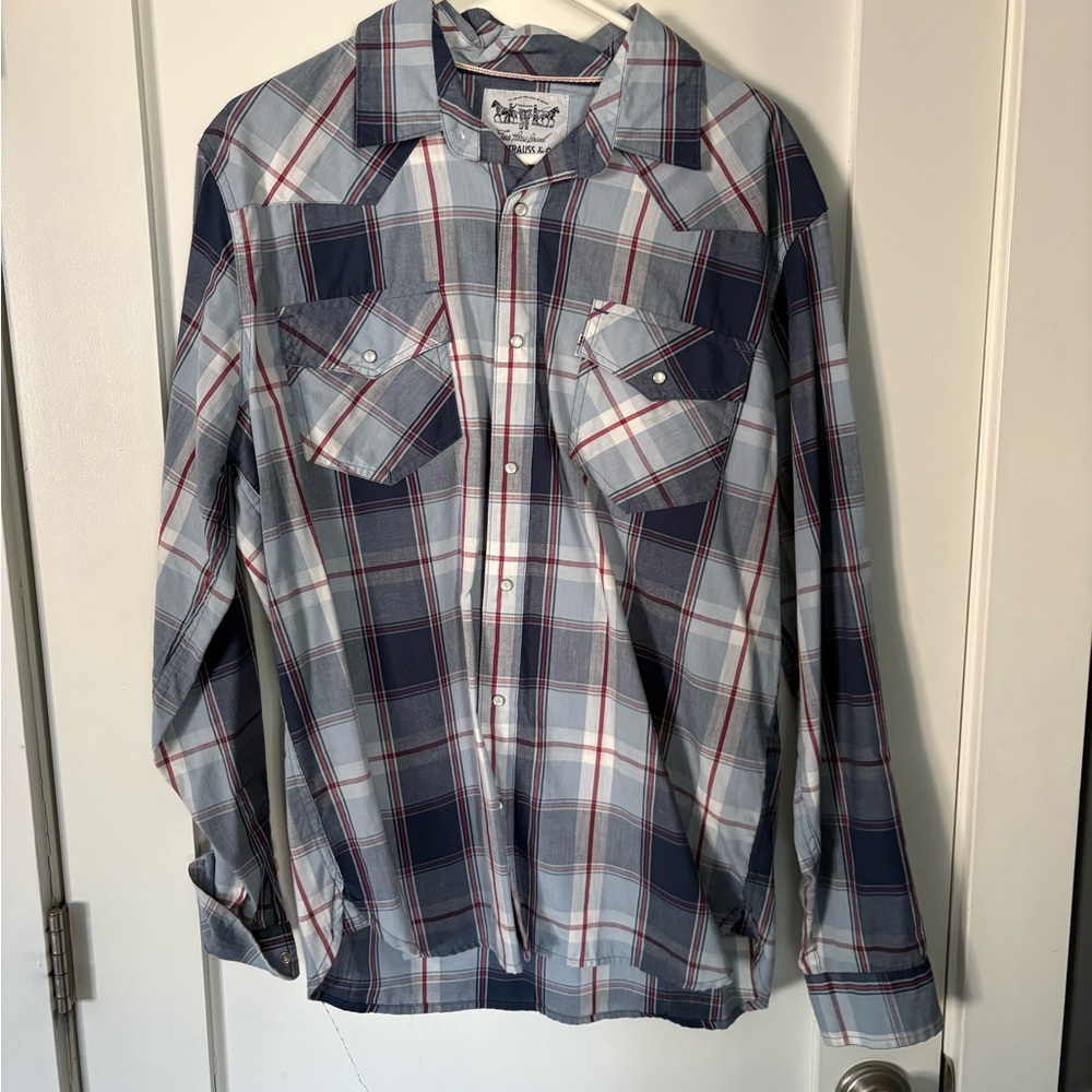 Men's Casual Plaid Button-Down Shirt - Light Blue & Navy